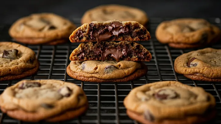 Freshly baked chocolate chip cookies on a wire cooling rack. In the center, a broken cookie reveals a gooey, melted chocolate interior. Several whole cookies surround it, showcasing golden-brown edges and chocolate chips scattered throughout.